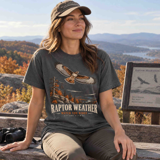 Raptor Weather Autumn Flyway graphic tee worn at an autumn mountain overlook for hawk watching