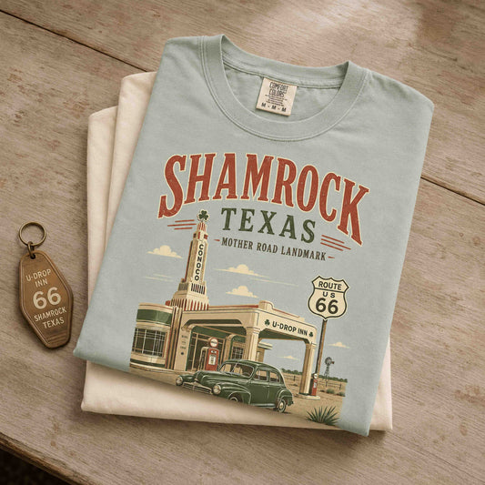 Shamrock Texas Route 66 graphic tee worn by man in historic roadside setting