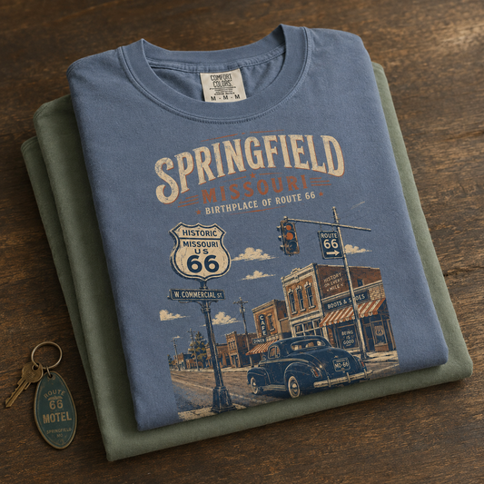 Springfield Missouri Route 66 graphic tee worn by woman in vintage highway setting