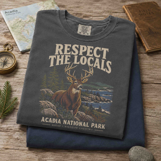 Male model wearing Respect the Locals Acadia National Park deer graphic tee outdoors in Maine