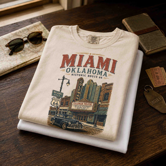 Folded Miami Oklahoma Route 66 Historic Downtown graphic tee featuring vintage travel artwork.