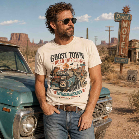 Folded Ghost Town Road Trip Club Route 66 desert graphic tee with vintage artwork