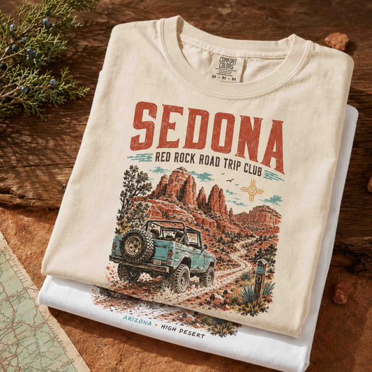 Close-up of Sedona Arizona Red Rock Road Trip Club graphic tee showing the vintage desert artwork.