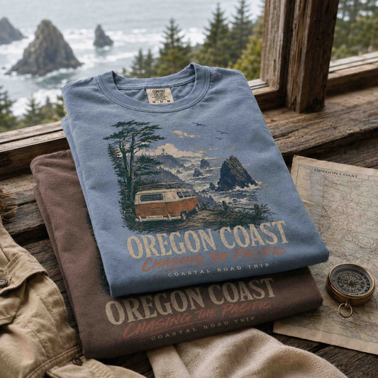 Oregon Coast Chasing the Pacific Road Trip graphic tee flat lay with coastal travel styling