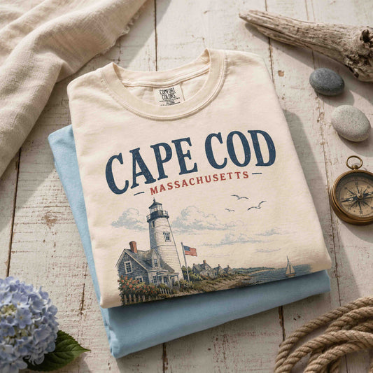 Folded Cape Cod Massachusetts graphic tee with vintage lighthouse artwork