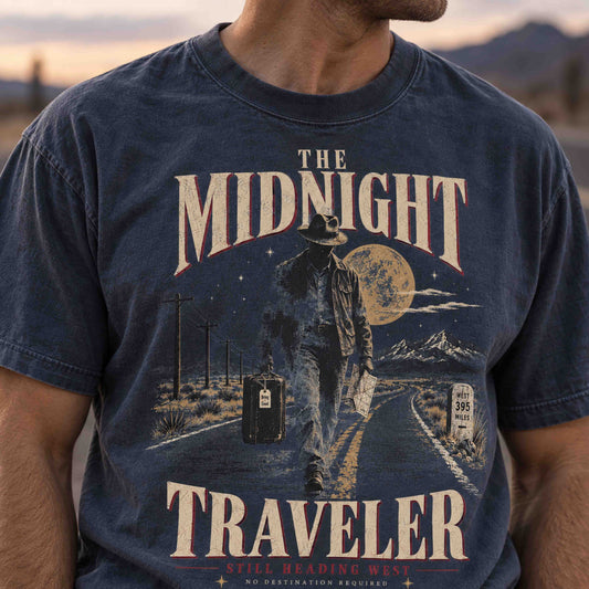 Midnight Traveler Western graphic tee featuring a moonlit desert highway and distant mountains