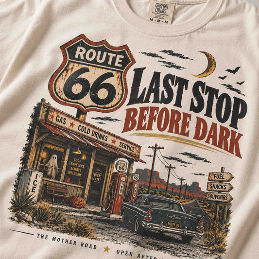 Route 66 Last Stop Before Dark vintage Americana graphic T-shirt lifestyle image