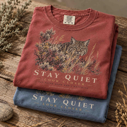 Stay Quiet Look Closer bobcat wildlife graphic tee shown in a sagebrush outdoor lifestyle setting