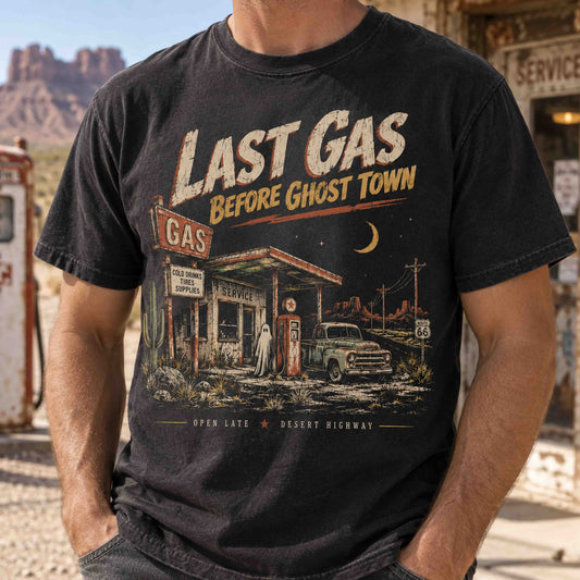 Last Gas Before Ghost Town Route 66 graphic tee featuring vintage haunted gas station artwork