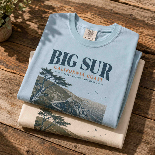 Folded Big Sur California Coast shirts in Chambray and Ivory