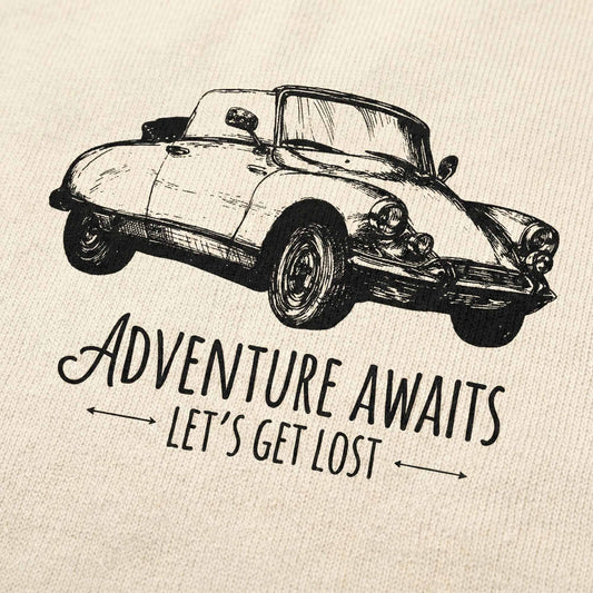 "Close-up detail of vintage convertible car graphic print on premium cotton t-shirt"