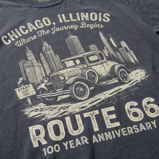 Chicago Route 66 Vintage Car Graphic Tee – 100 Year Anniversary Shirt