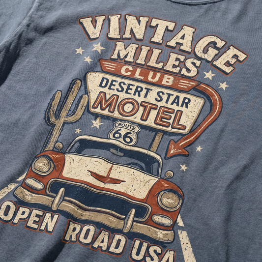 Vintage Miles Club Route 66 Graphic Tee – Desert Star Motel Open Road Shirt