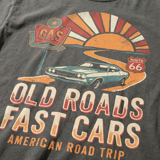 Old Roads Fast Cars Route 66 Comfort Colors Tee - Vintage American Road Trip Graphic Shirt