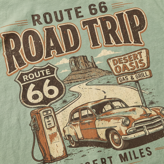 Route 66 Desert Oasis Graphic Tee Vintage Road Trip Classic Car Shirt