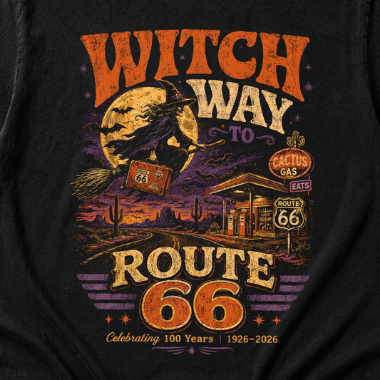Witch Way to Route 66 Graphic Tee | Halloween Road Trip Shirt