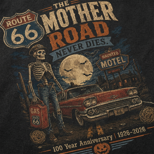 The Mother Road Never Dies Route 66 Graphic Tee | Halloween Road Trip Shirt