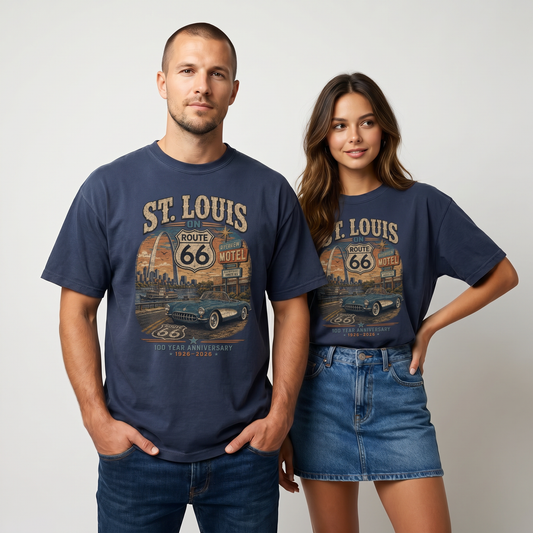 Man and woman modeling St. Louis on Route 66 100 year anniversary graphic tees in Navy