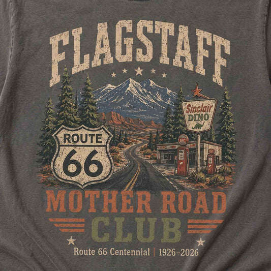 Flagstaff Mother Road Club Route 66 Graphic Tee | Vintage Arizona Road Trip Shirt