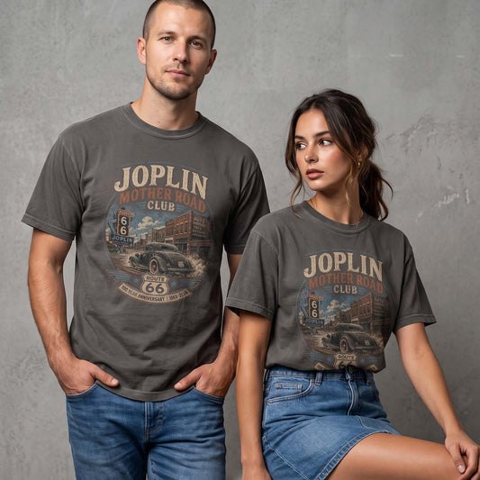 Unisex Joplin Missouri Route 66 graphic tee featuring Mother Road Club text, vintage downtown artwork, Route 66 shield, classic car, and 1926–2026 anniversary details.