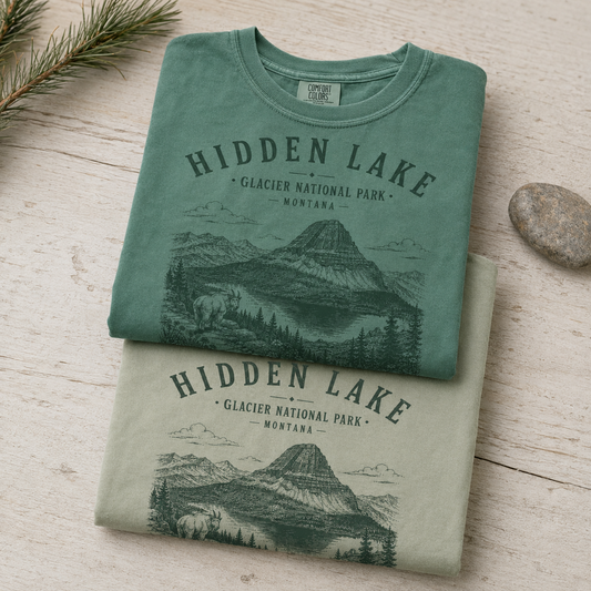 Folded Hidden Lake Glacier National Park shirts in Bay and Light Green