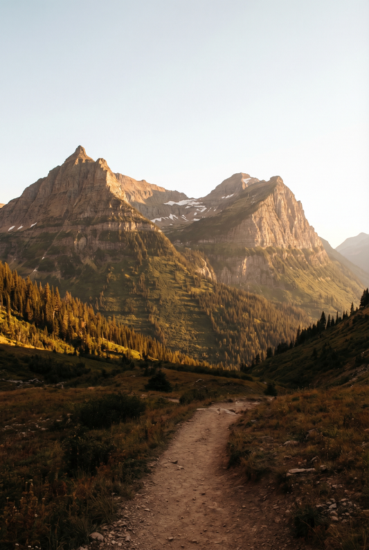Scenic national park mountain trail with pine trees and warm golden hour light