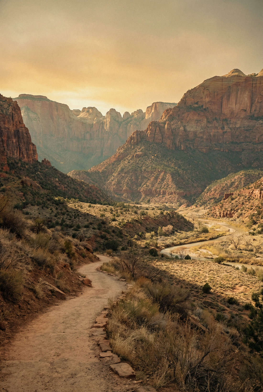 Zion style desert canyon trail with red rock cliffs and warm golden hour light