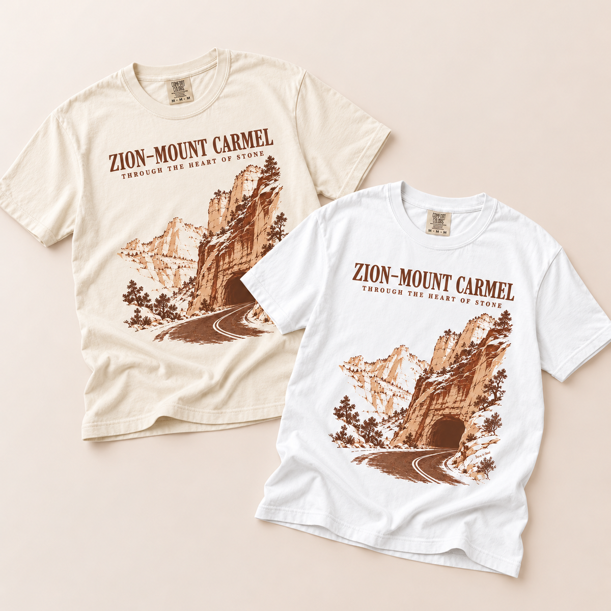 Zion–Mount Carmel Tunnel T-shirt design shown in ivory and white
