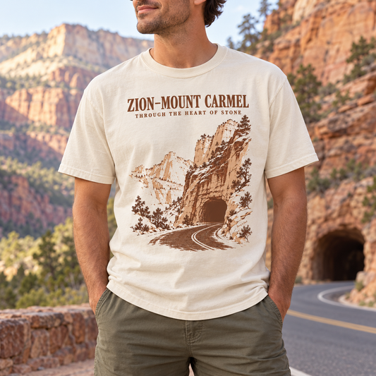 Man wearing the Zion–Mount Carmel Tunnel graphic T-shirt in ivory