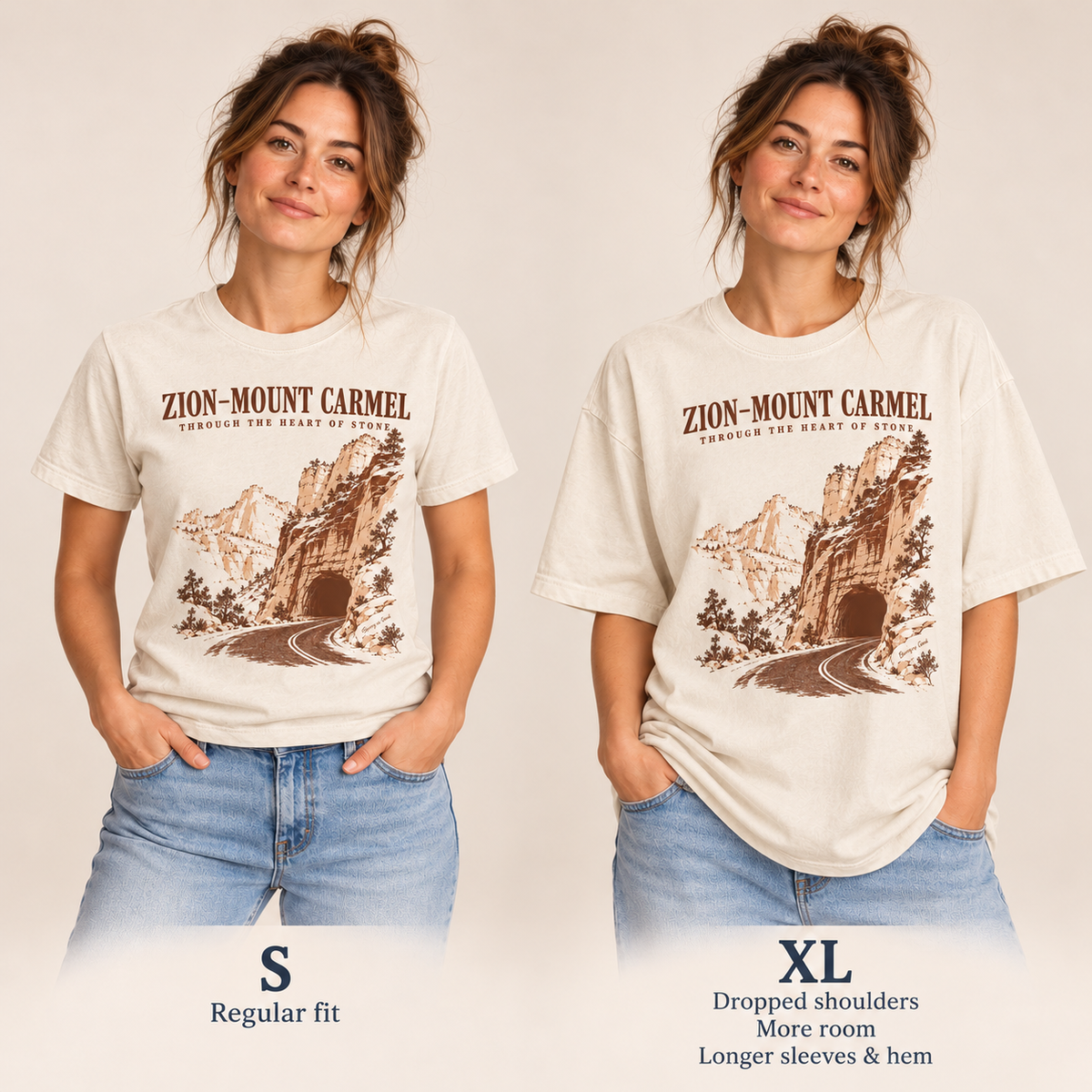 Same woman wearing the Zion–Mount Carmel Tunnel T-shirt in sizes S and XL