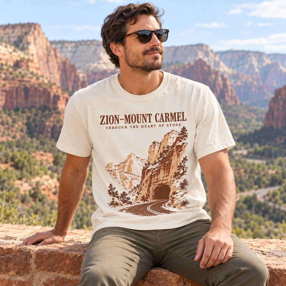 Lifestyle view of the Zion–Mount Carmel Tunnel graphic T-shirt