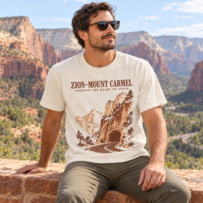 Lifestyle view of the Zion–Mount Carmel Tunnel graphic T-shirt