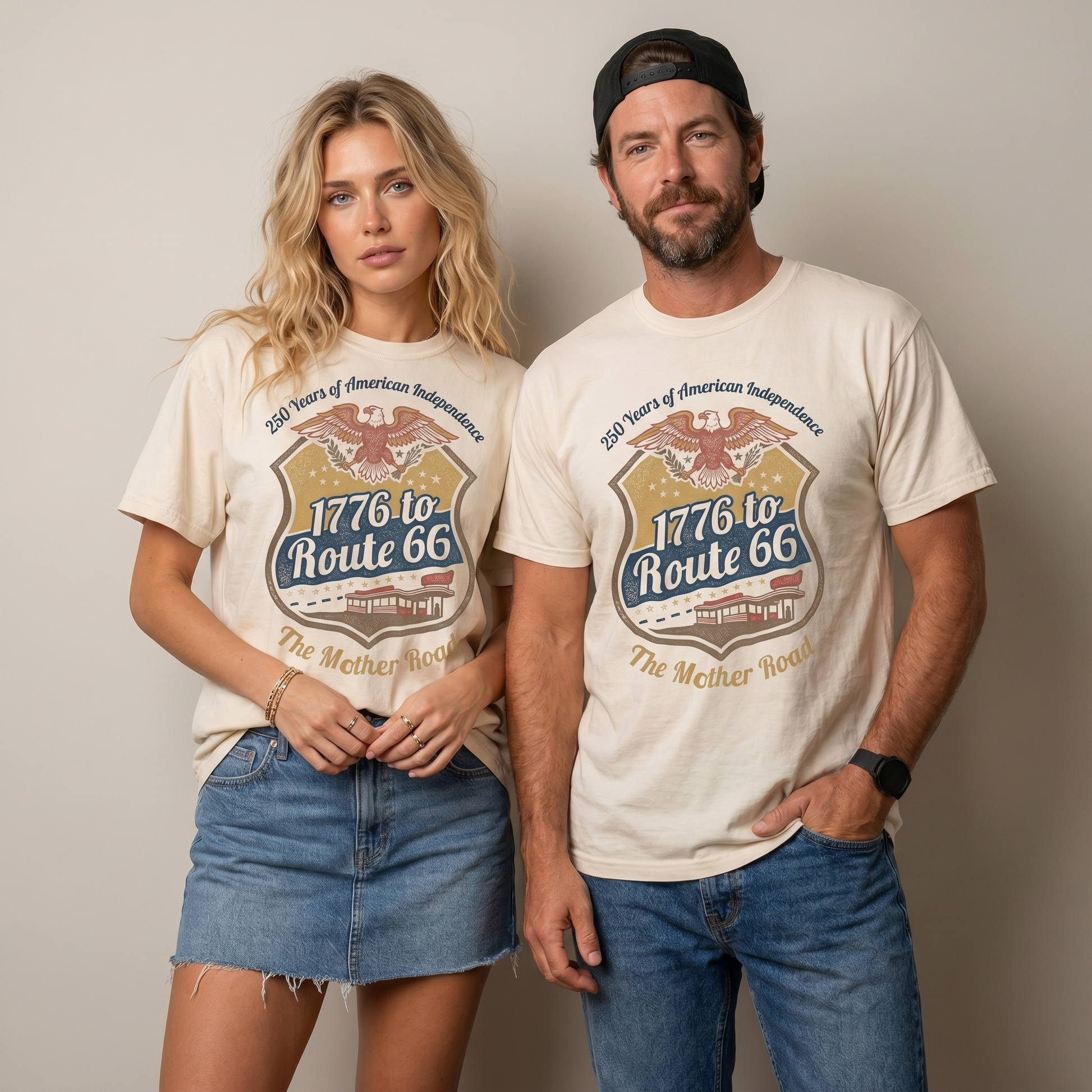 1776 to Route 66 America 250 graphic tee featuring eagle, shield, stars, diner artwork, and Mother Road lettering.