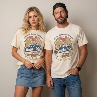 1776 to Route 66 America 250 graphic tee featuring eagle, shield, stars, diner artwork, and Mother Road lettering.