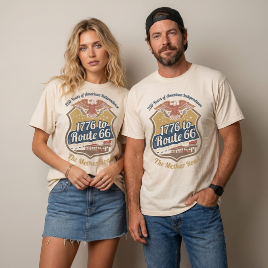 1776 to Route 66 America 250 graphic tee featuring eagle, shield, stars, diner artwork, and Mother Road lettering.