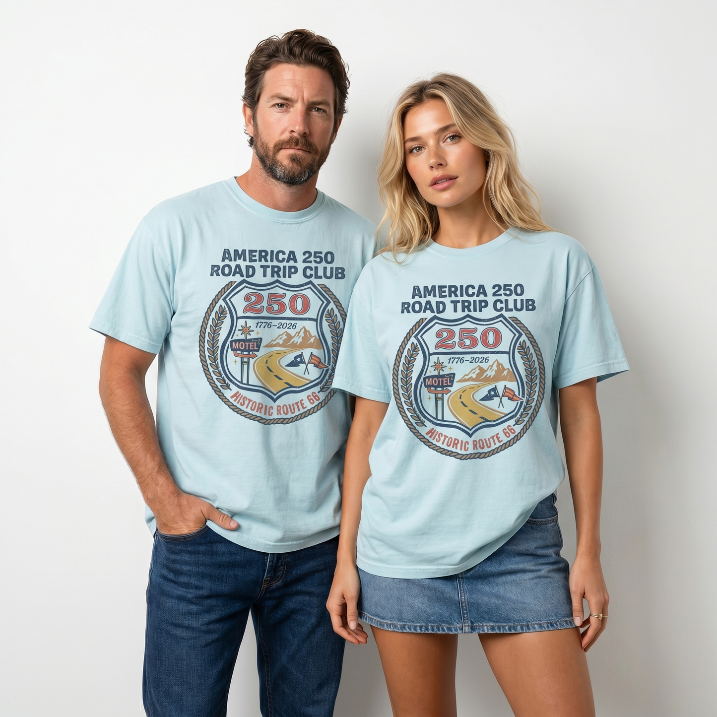 America 250 Road Trip Club Route 66 graphic tee with vintage badge artwork, highway, motel sign, mountains, flags, and 1776 2026 details.