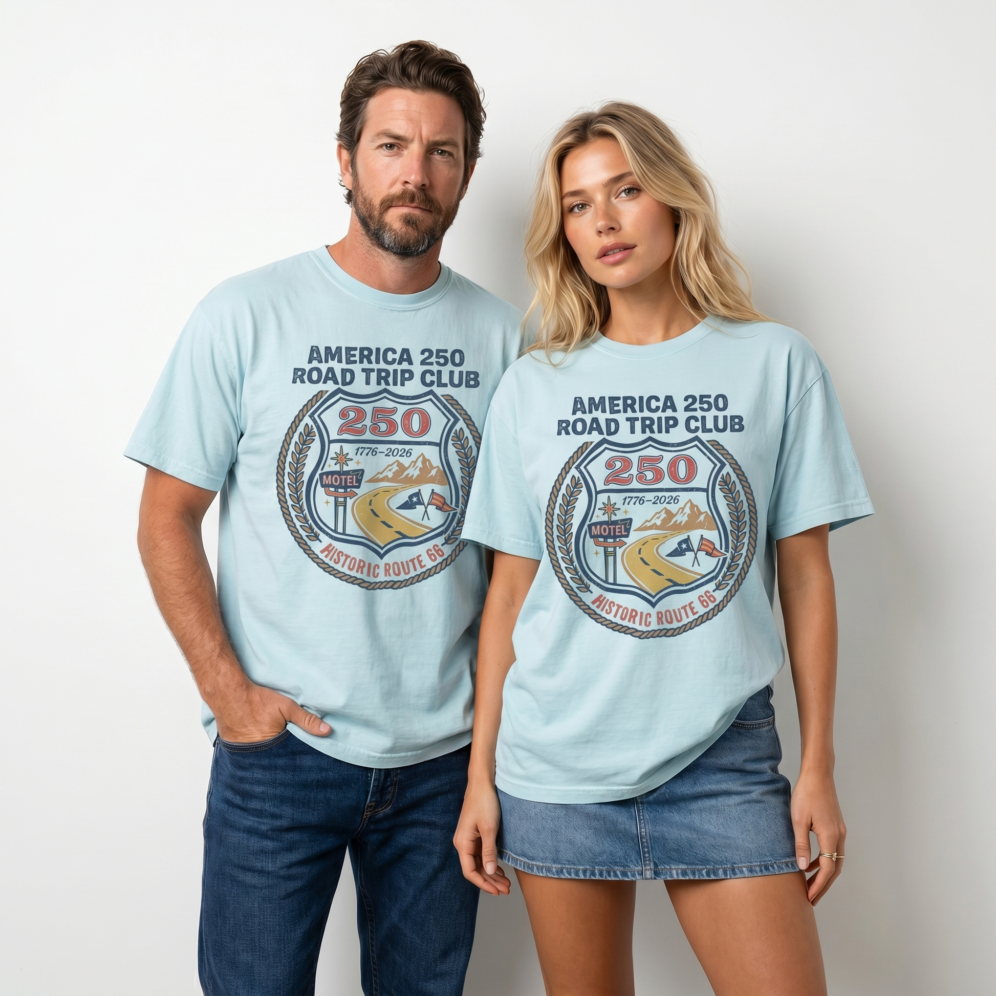 America 250 Road Trip Club Route 66 graphic tee with vintage badge artwork, highway, motel sign, mountains, flags, and 1776 2026 details.