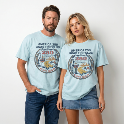 America 250 Road Trip Club Route 66 graphic tee with vintage badge artwork, highway, motel sign, mountains, flags, and 1776 2026 details.