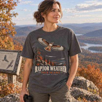 Pepper Raptor Weather Autumn Flyway graphic tee in a fall birdwatching overlook setting