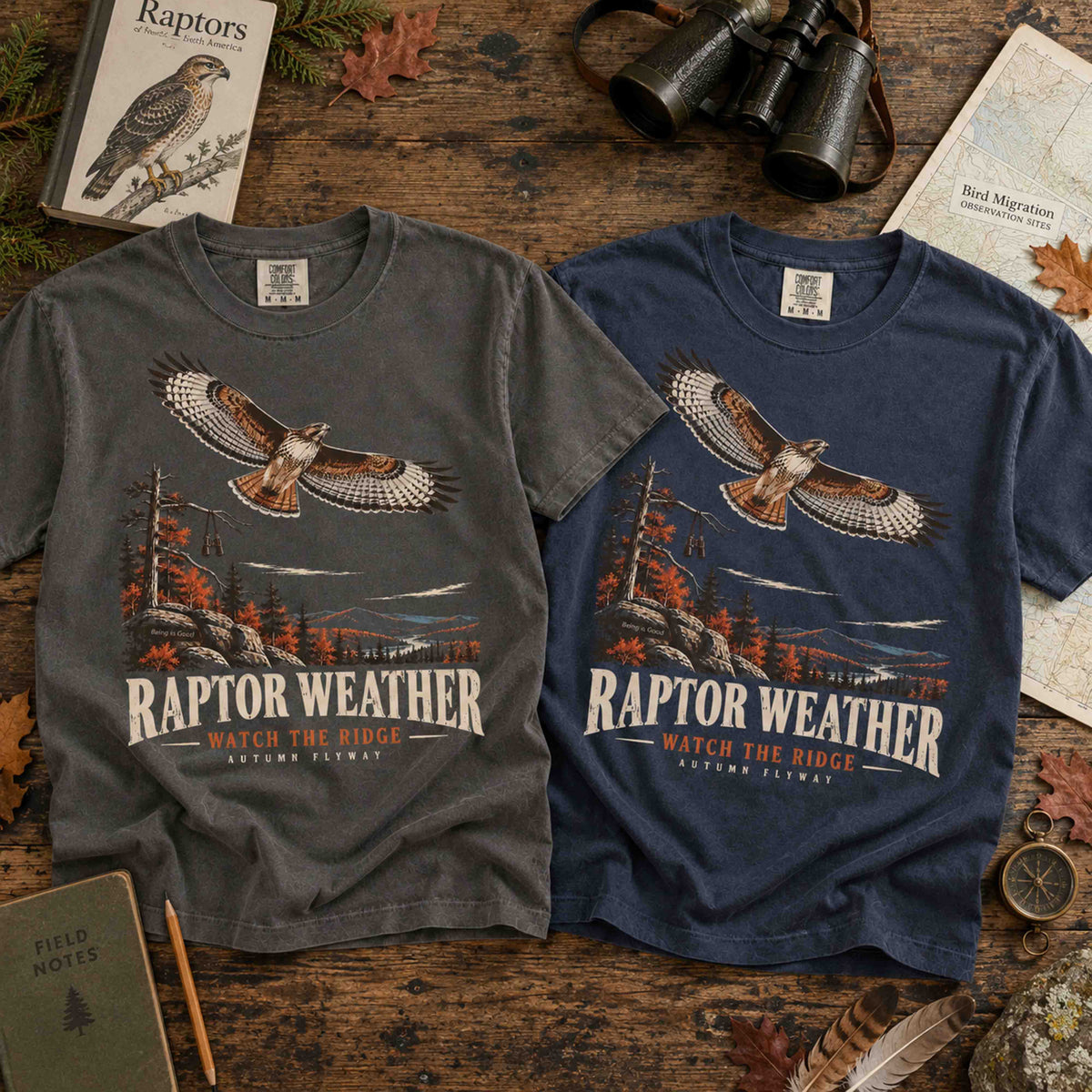 Raptor Weather Autumn Flyway graphic tee flat lay featuring vintage raptor migration artwork