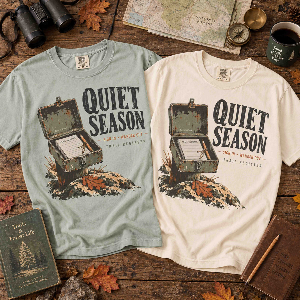Quiet Season Trail Register graphic tee flat lay featuring vintage hiking trail register artwork