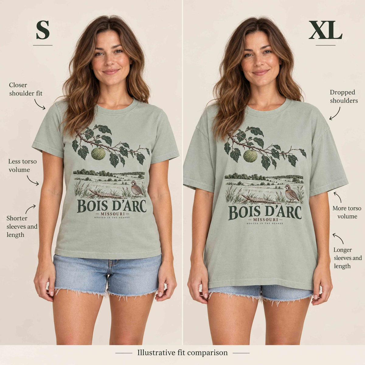 Same woman wearing the Bay Bois D'Arc Missouri T-shirt in Small and XL, with labels illustrating differences in fit.