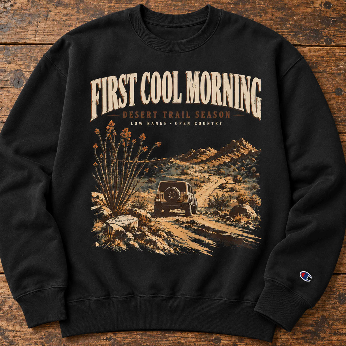 Black Champion First Cool Morning Desert Trail graphic sweatshirt with vintage 4x4 off-road artwork