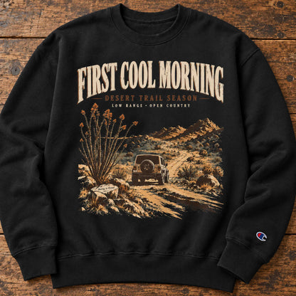 Black Champion First Cool Morning Desert Trail graphic sweatshirt with vintage 4x4 off-road artwork