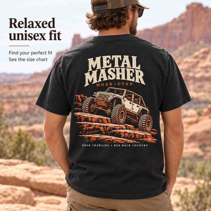 Close-up of the Metal Masher back print on a Black tee, with relaxed-fit and size-chart guidance.