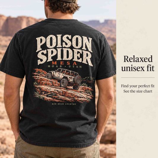Close-up of the Poison Spider Mesa 4x4 back graphic on a Black tee, with relaxed-fit and size-chart guidance.