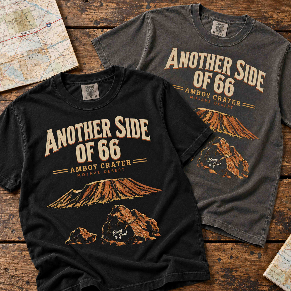 Black and Pepper Amboy Crater graphic t-shirts displayed together
