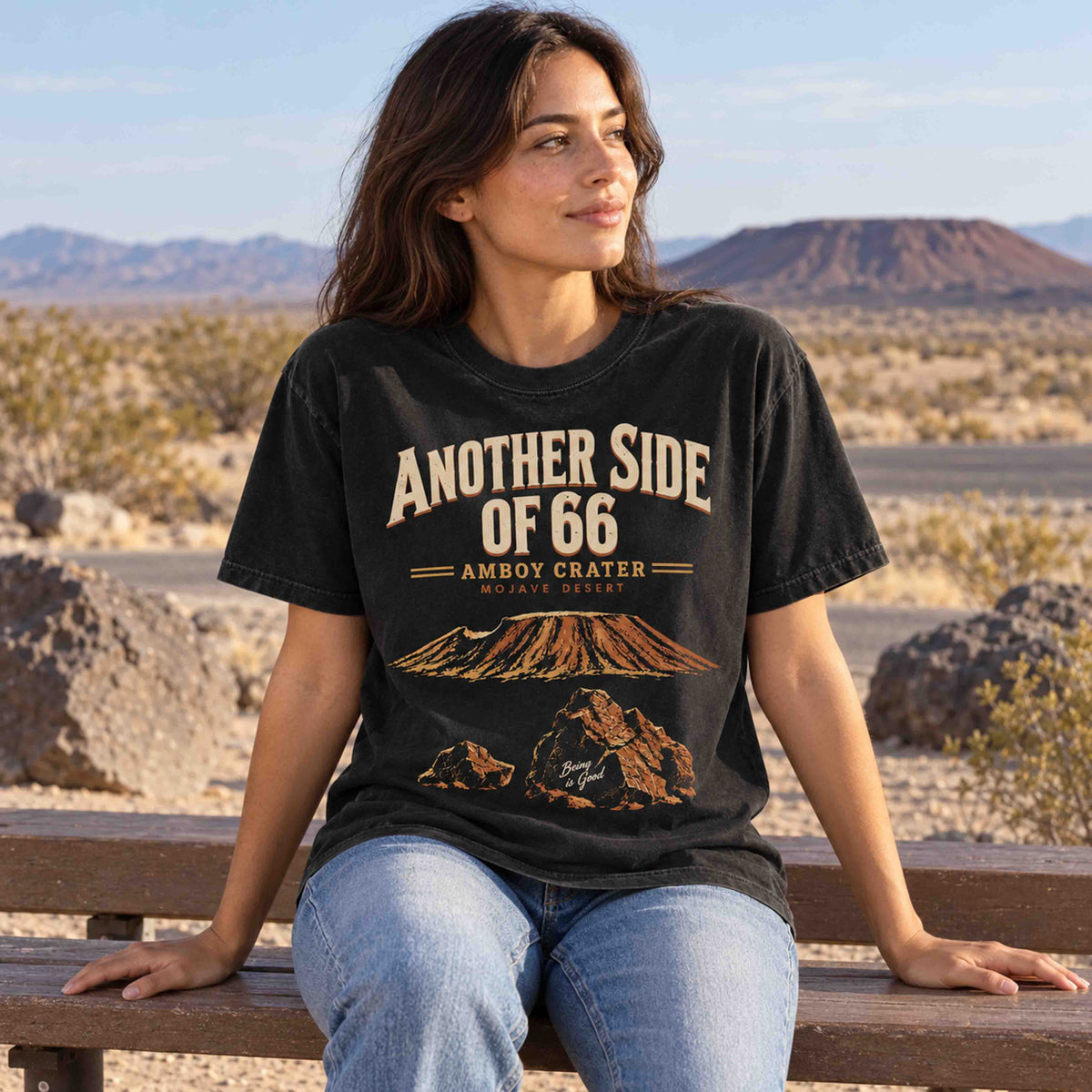 Black Another Side of 66 t-shirt shown at a Mojave roadside turnout