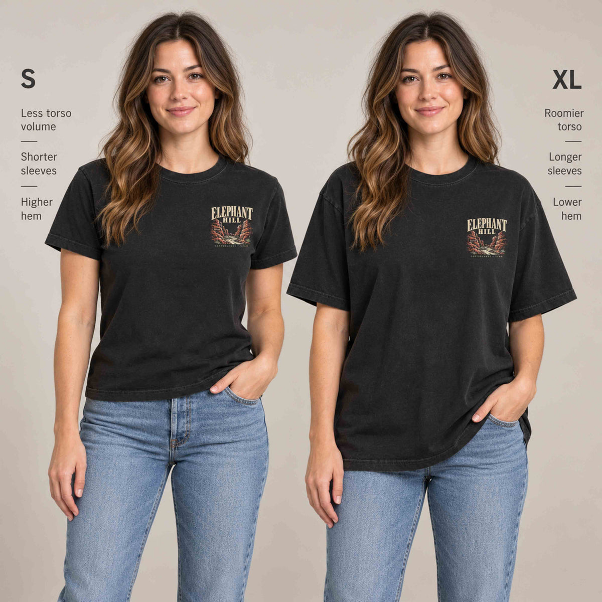 Same woman modeling a Black Elephant Hill tee in S and XL, comparing torso room, sleeves and hem length.