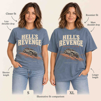 Illustrative comparison of Small and XL Blue Jean Hell’s Revenge t-shirts on the same woman, showing shoulder drop and length.